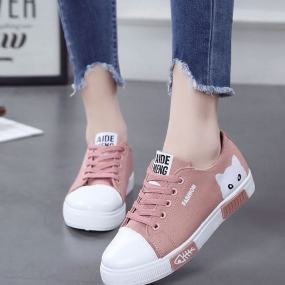 Women Sneakers Flat Cartoon Canvas Lace Up Casual